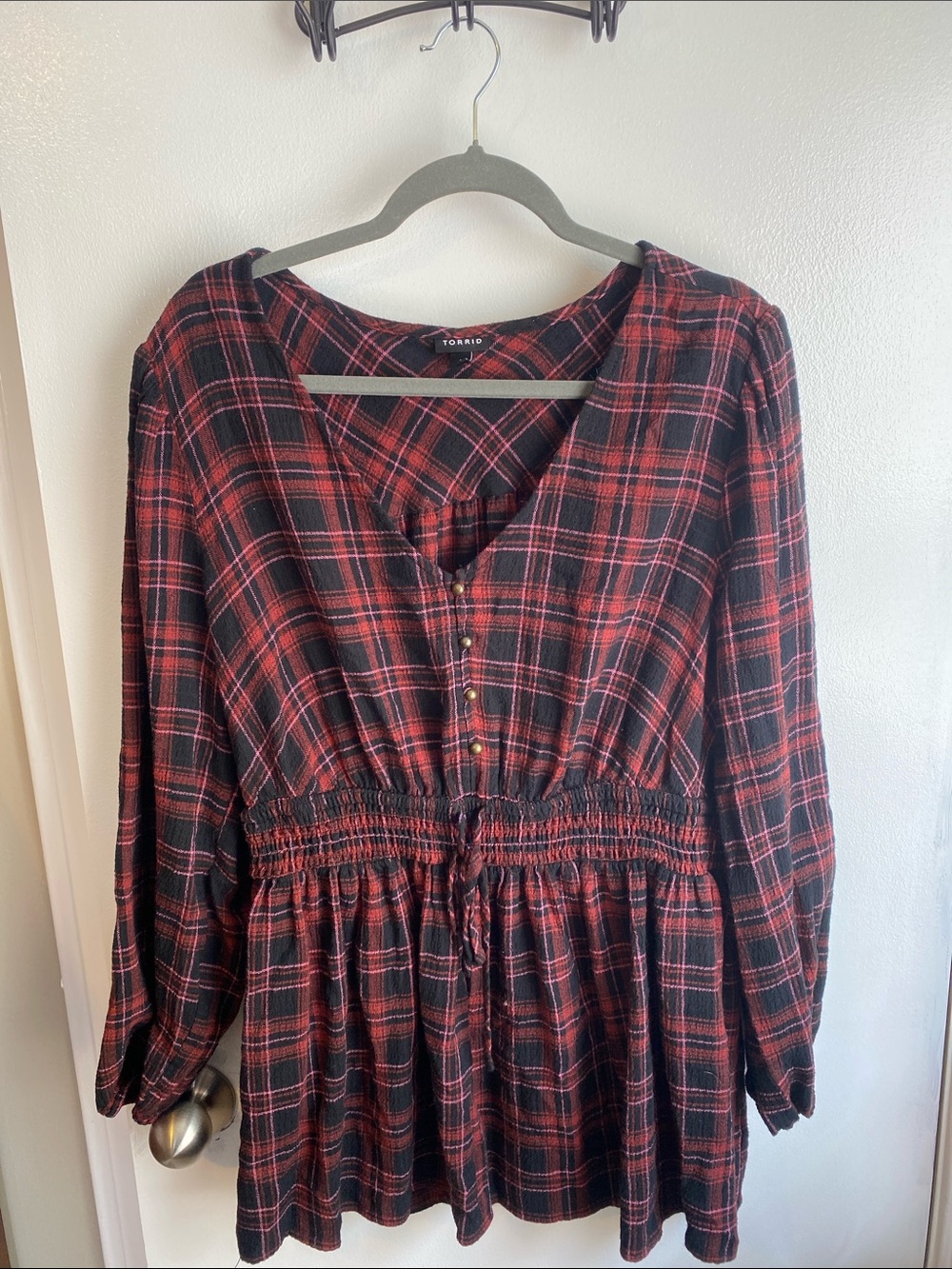 Torrid Red, Pink & Black Plaid Button-Front Peplum Long Sleeve Tunic